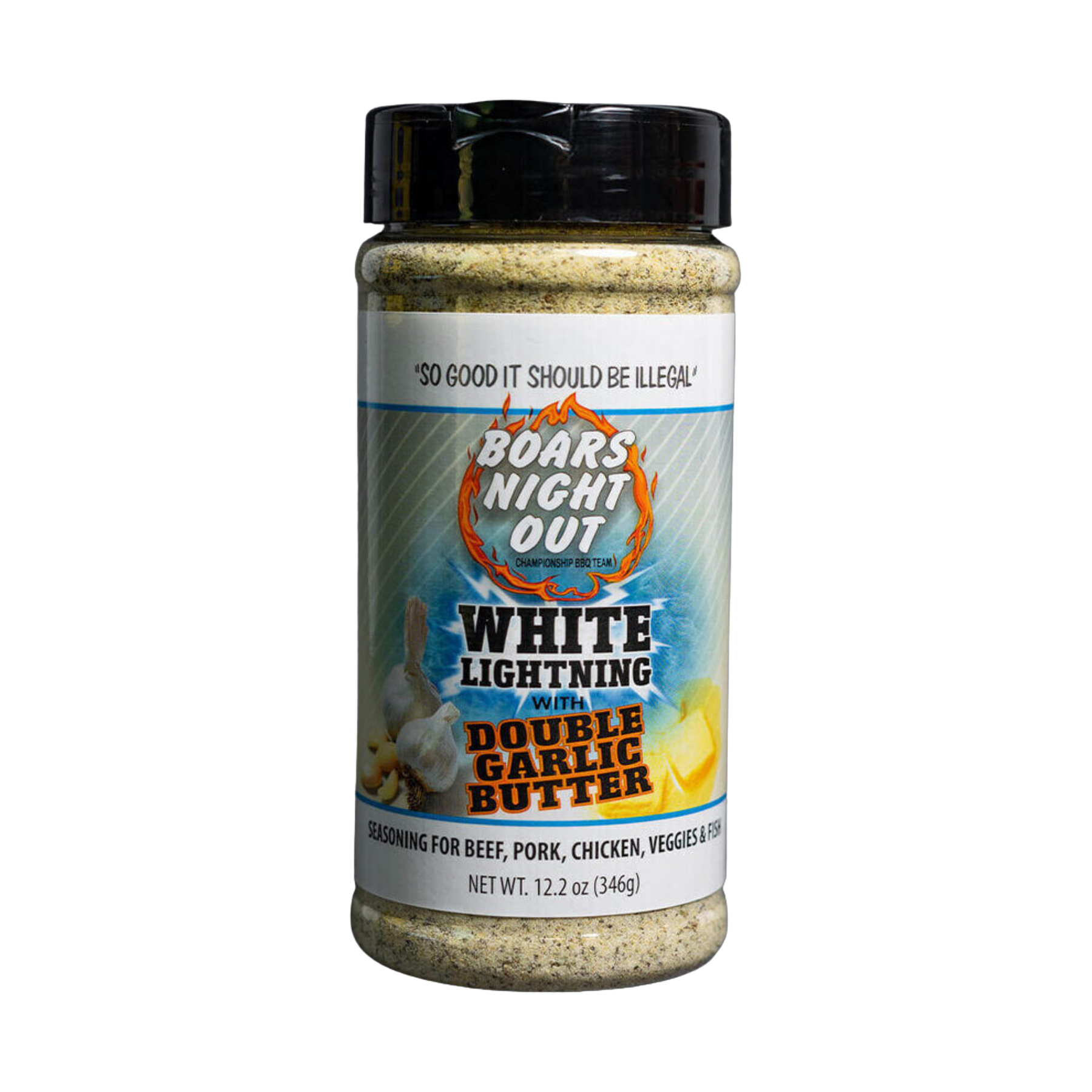 Boars Night Out White Lightning Double Garlic Butter 346g shaker, transparent front view