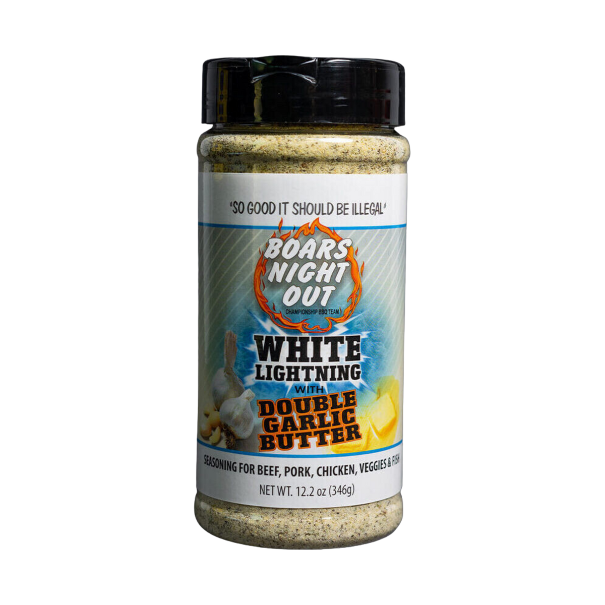 Boars Night Out White Lightning Double Garlic Butter 346g shaker, transparent front view