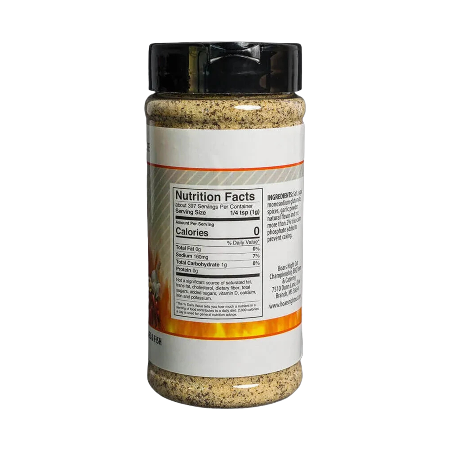 Boars Night Out Spicy White Lightning 397g shaker, right angle view