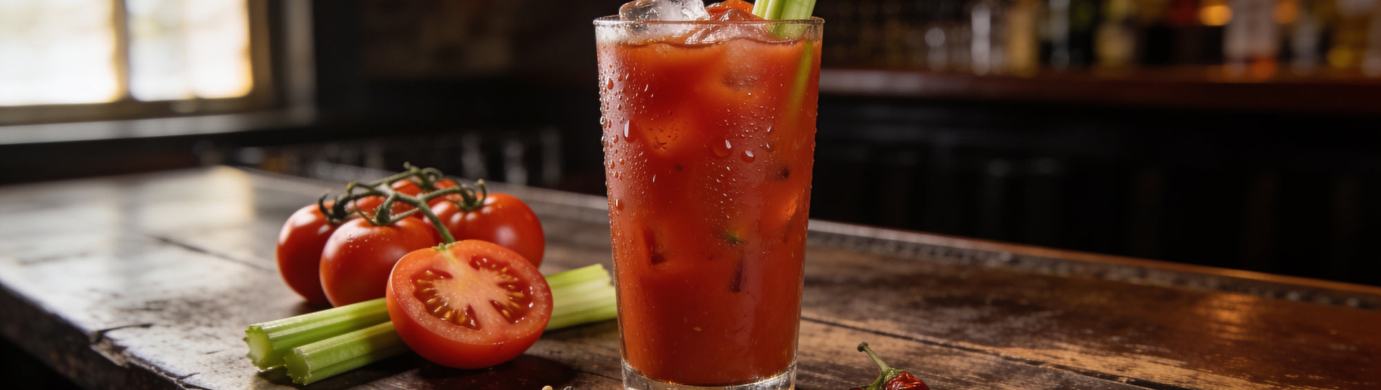 A garnished Bloody Mary cocktail scene with fresh tomatoes and celery on a rustic bar table