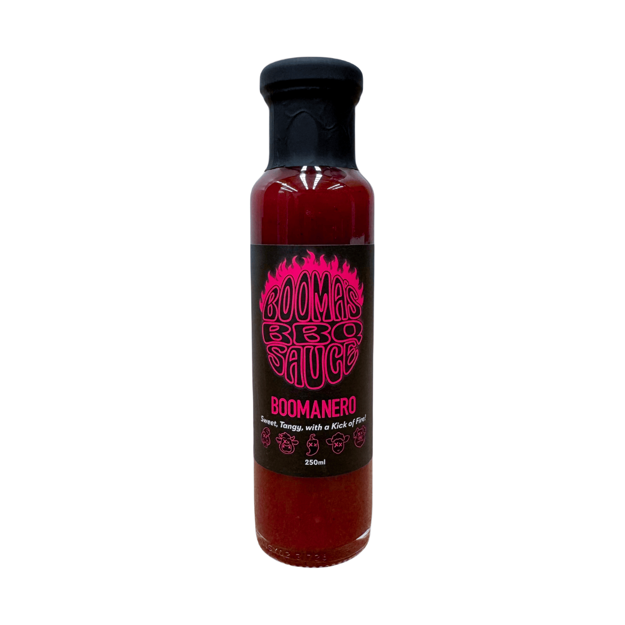 Booma's BBQ Boomenero spicy habanero BBQ sauce 250ml, transparent bottle