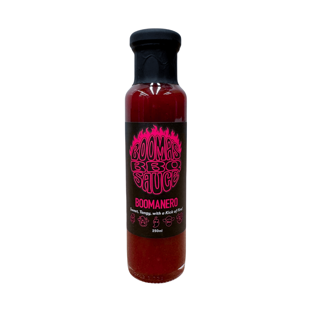 Booma's BBQ Boomenero spicy habanero BBQ sauce 250ml, transparent bottle