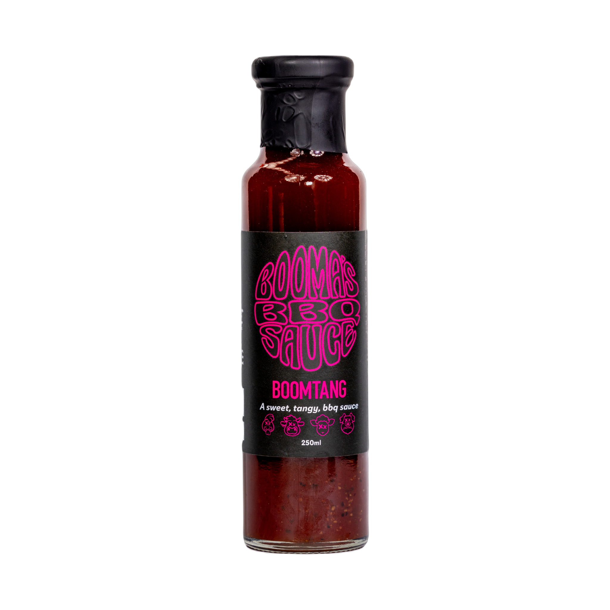 Booma's BBQ Boomtang sweet and tangy BBQ sauce 250ml, transparent bottle