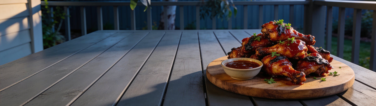 Sticky chicken drumsticks glazed with Booma's BBQ Boomtang BBQ Sauce on a verandah table