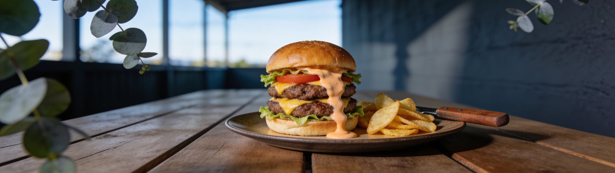 Double cheeseburger dripping with Boomas BBQ Burger Sauce, with chips on a verandah table
