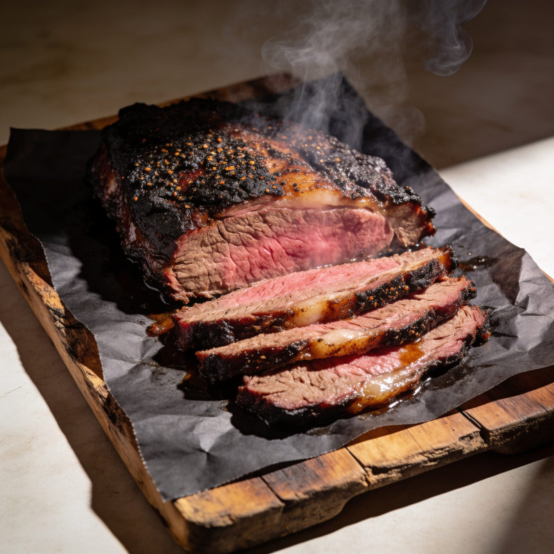 Sliced smoked brisket with deep bark and pink smoke ring on butcher paper lifestyle photo