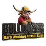 Bulldozer BBQ brand logo, horned bull mascot in a cap over BULLDOZER tyre-tread lettering, Hard Working Aussie Rubs, on transparent background