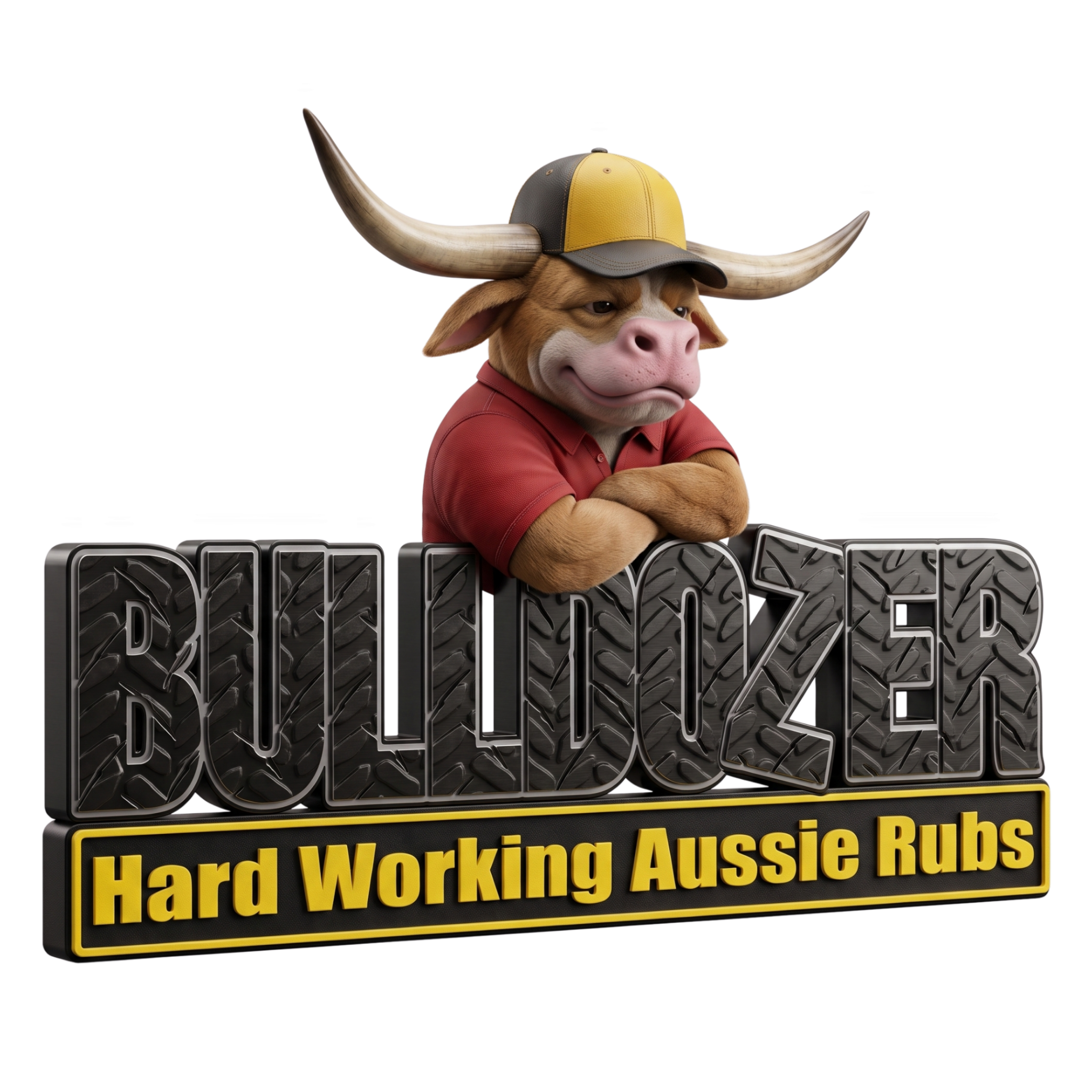 Bulldozer BBQ brand logo, horned bull mascot in a cap over BULLDOZER tyre-tread lettering, Hard Working Aussie Rubs, on transparent background