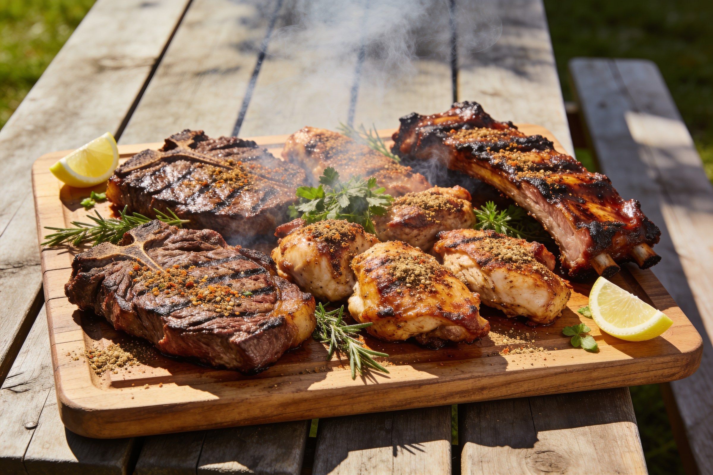 Butcher BBQ Grilling Addiction seasoned backyard barbecue spread of steaks, chicken and ribs