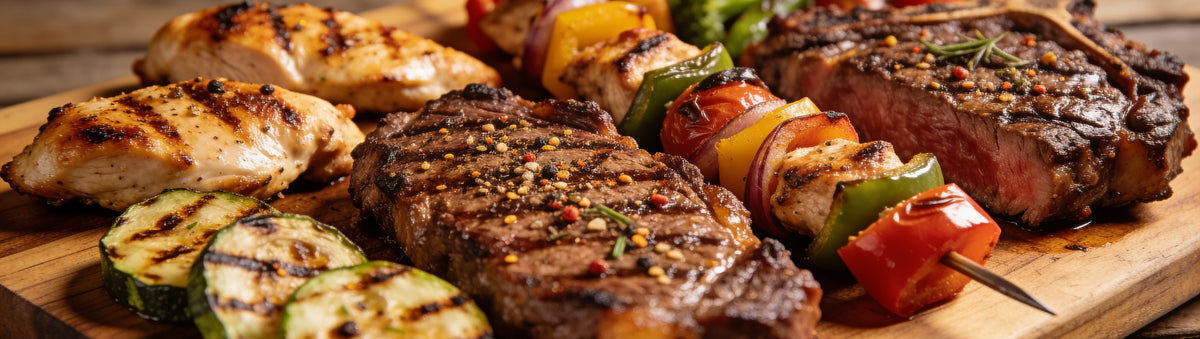 Butchers Axe Basecamp All-Purpose Seasoning — cinematic banner, seasoning composited into a lifestyle BBQ scene