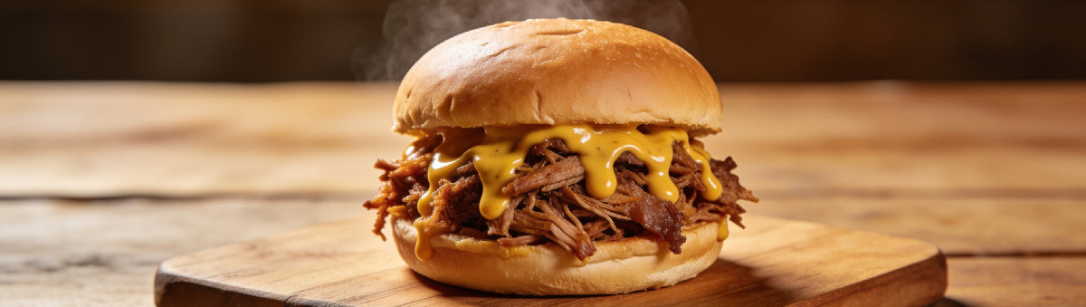 Butchers Axe Mustard BBQ Sauce — cinematic banner, bbq sauce composited into a lifestyle BBQ scene