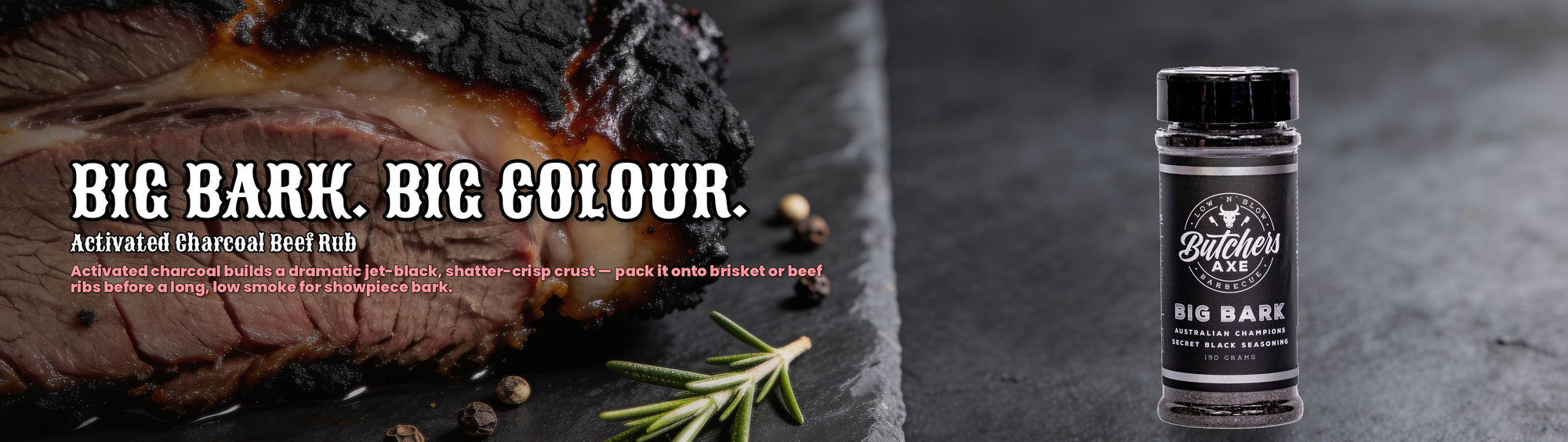 Butchers Axe Big Bark Rub — cinematic banner, rub composited into a lifestyle BBQ scene