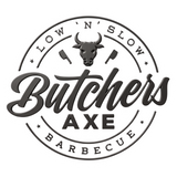 Butchers Axe barbecue brand logo, Low 'n' Slow bull head and crossed cleavers roundel in cursive script on white disc, transparent background