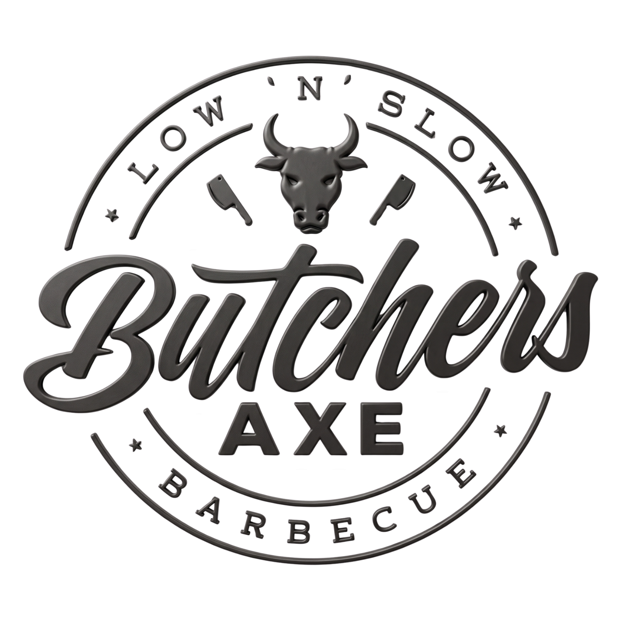 Butchers Axe barbecue brand logo, Low 'n' Slow bull head and crossed cleavers roundel in cursive script on white disc, transparent background