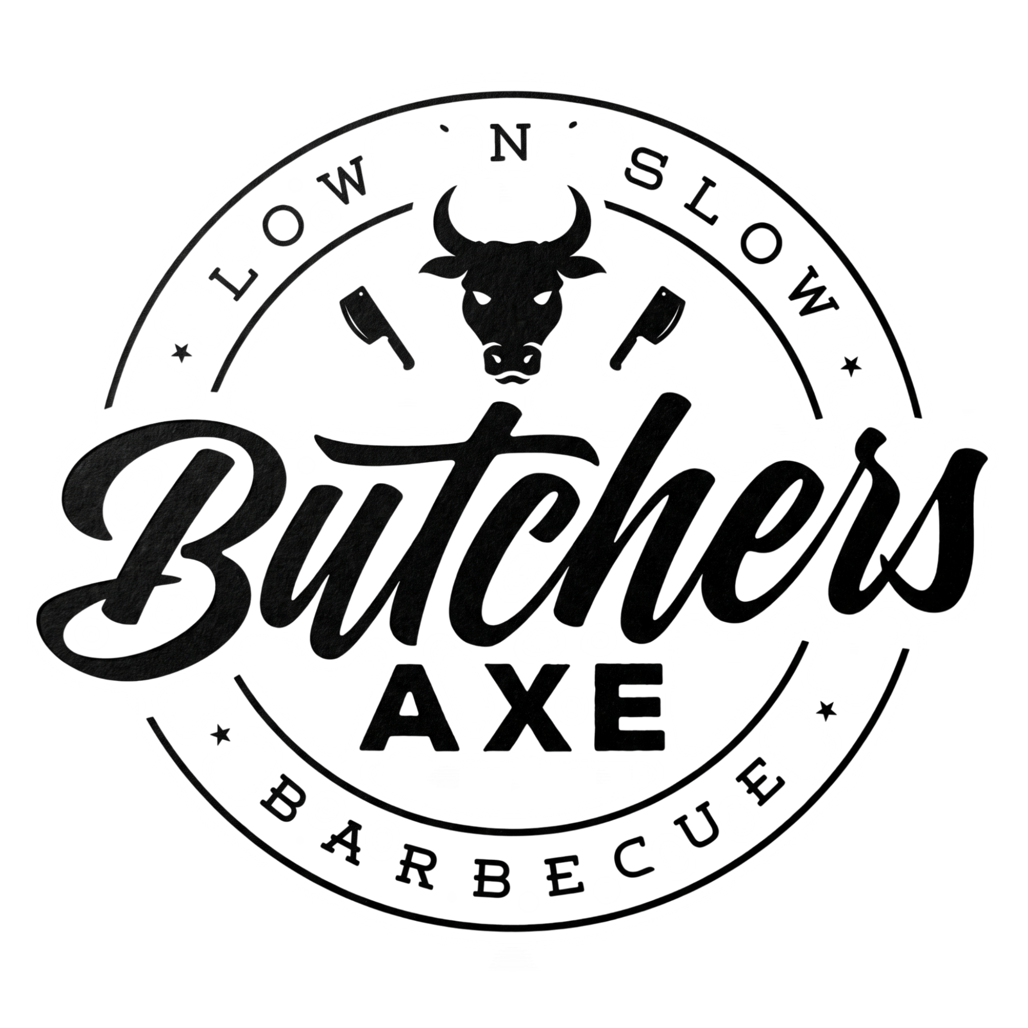 Butchers Axe barbecue brand logo, bull and cleaver roundel, black with white halo on transparent background