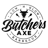 Butchers Axe barbecue brand logo, bull and cleaver roundel, black with white halo on transparent background