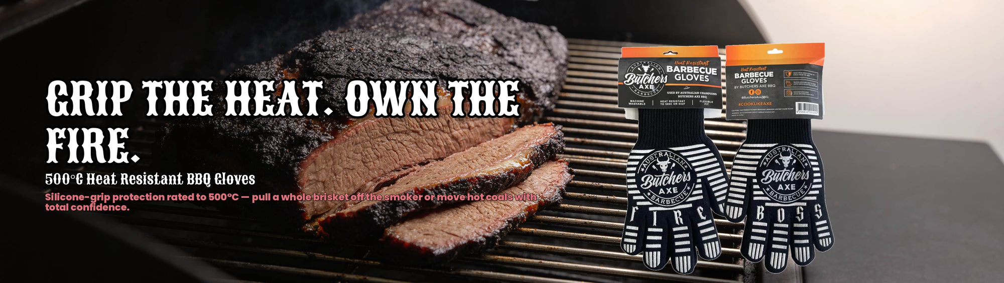 Butchers Axe Heat Resistant BBQ Gloves — cinematic banner, accessory composited into a lifestyle BBQ scene