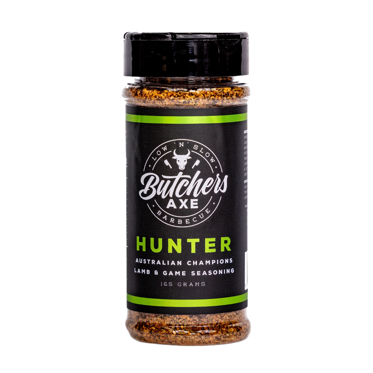 Butchers Axe Hunter Lamb and Game Rub 165g shaker, front label, product only on transparent background