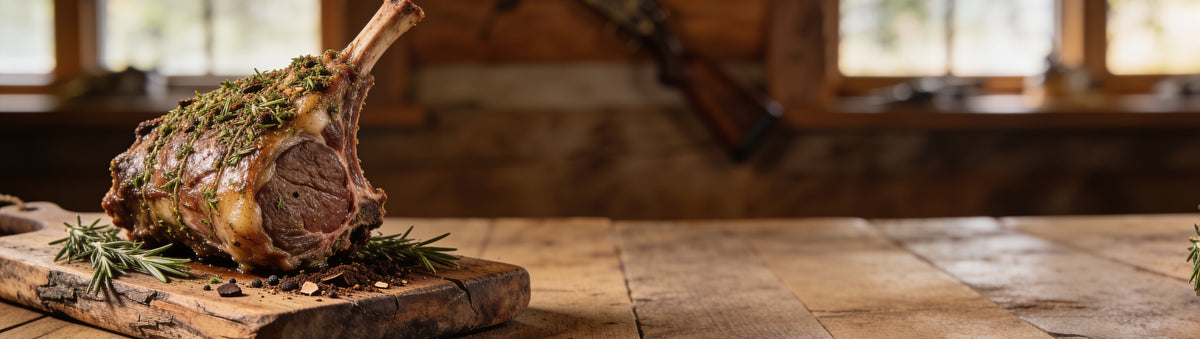 Butchers Axe Hunter Lamb and Game Rub — cinematic banner, rub composited into a lifestyle BBQ scene