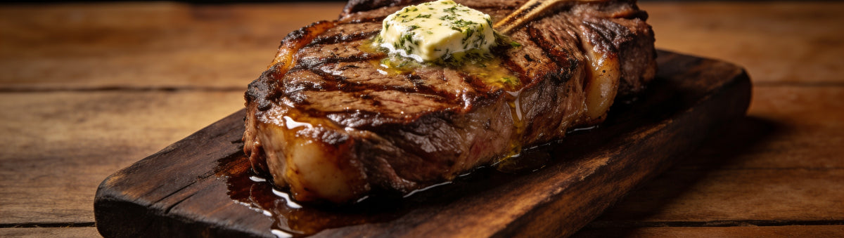 Butchers Axe Stampede Steak Seasoning — cinematic banner, seasoning composited into a lifestyle BBQ scene