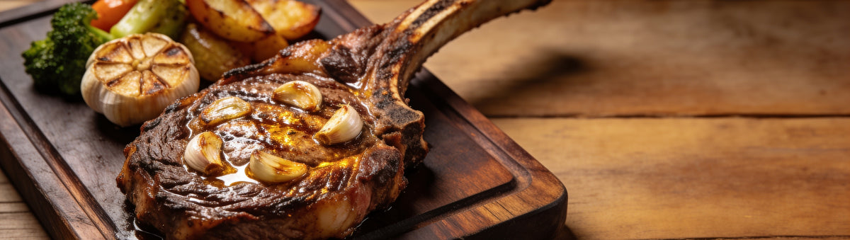 Butchers Axe Woodlands Garlic Seasoning — cinematic banner, seasoning composited into a lifestyle BBQ scene