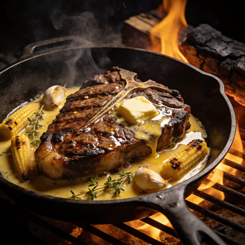 Butter-basted steak with melted garlic butter in a cast iron skillet lifestyle photo