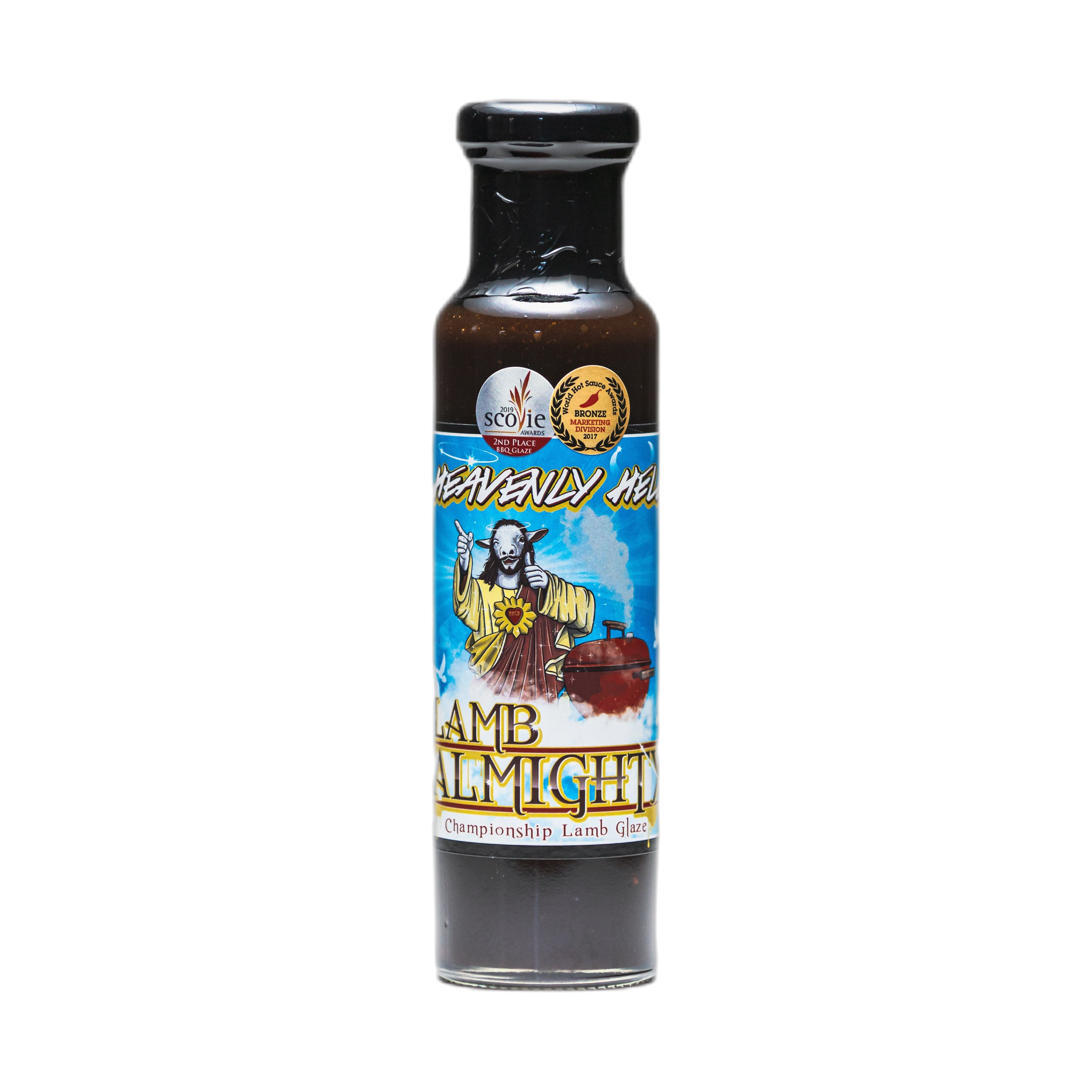 Heavenly Hell Lamb Almighty fig, port & maple BBQ glaze 250ml — front of the bottle on transparent background