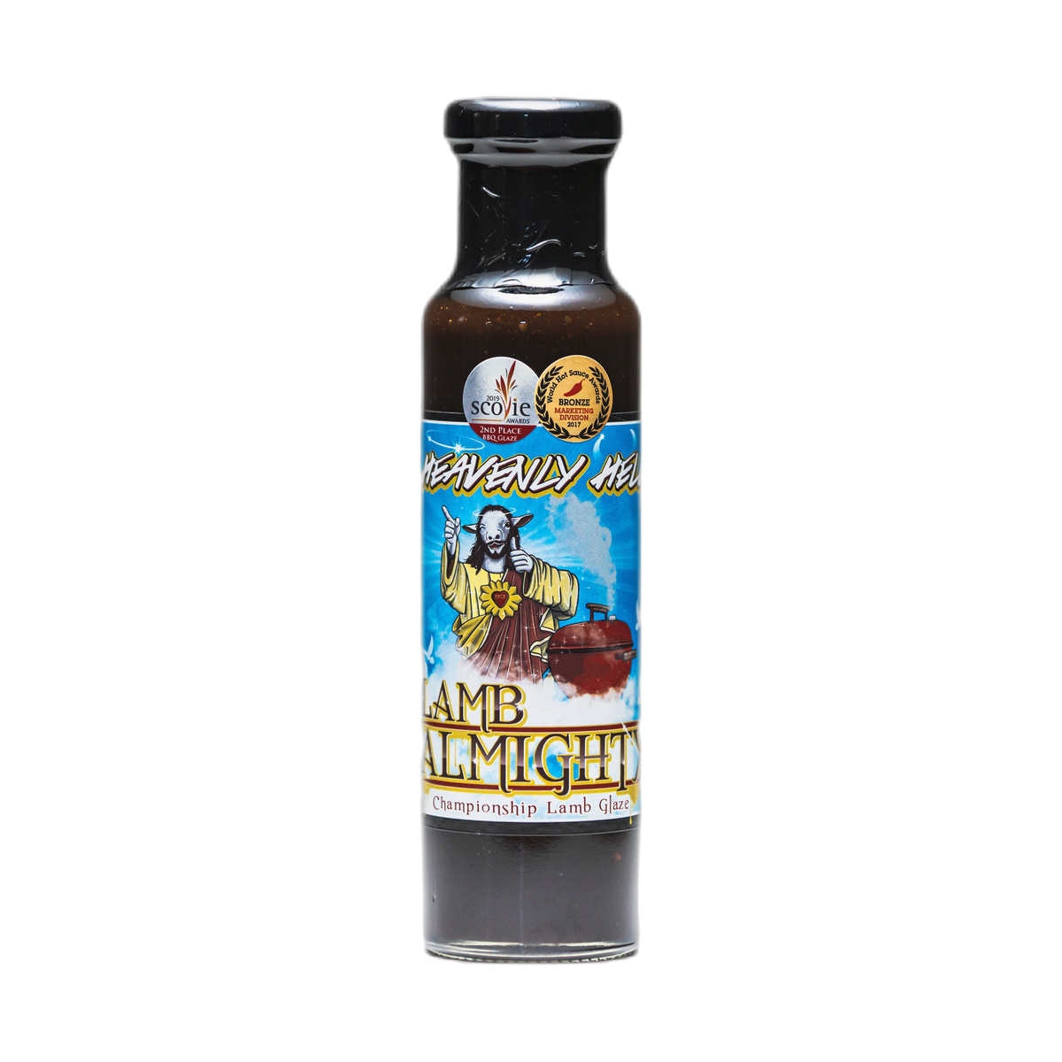 Heavenly Hell Lamb Almighty fig, port & maple BBQ glaze 250ml — front of the bottle on transparent background