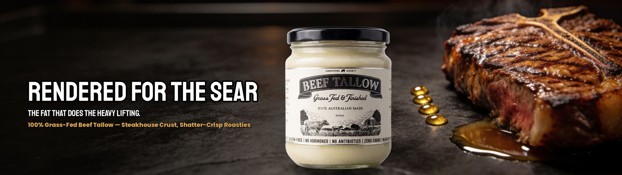 Carnivore Society Beef Tallow — grass-fed cooking fat jar with a seared ribeye and rising steam