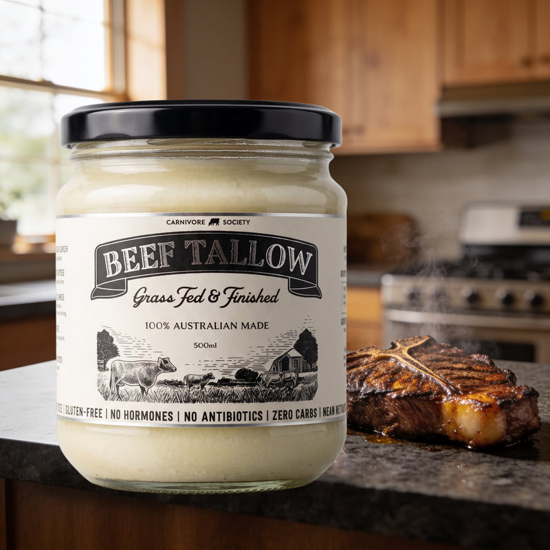 Carnivore Society Beef Tallow 500ml jar (real product photo) on a granite kitchen counter beside a seared T-bone steak lifestyle photo
