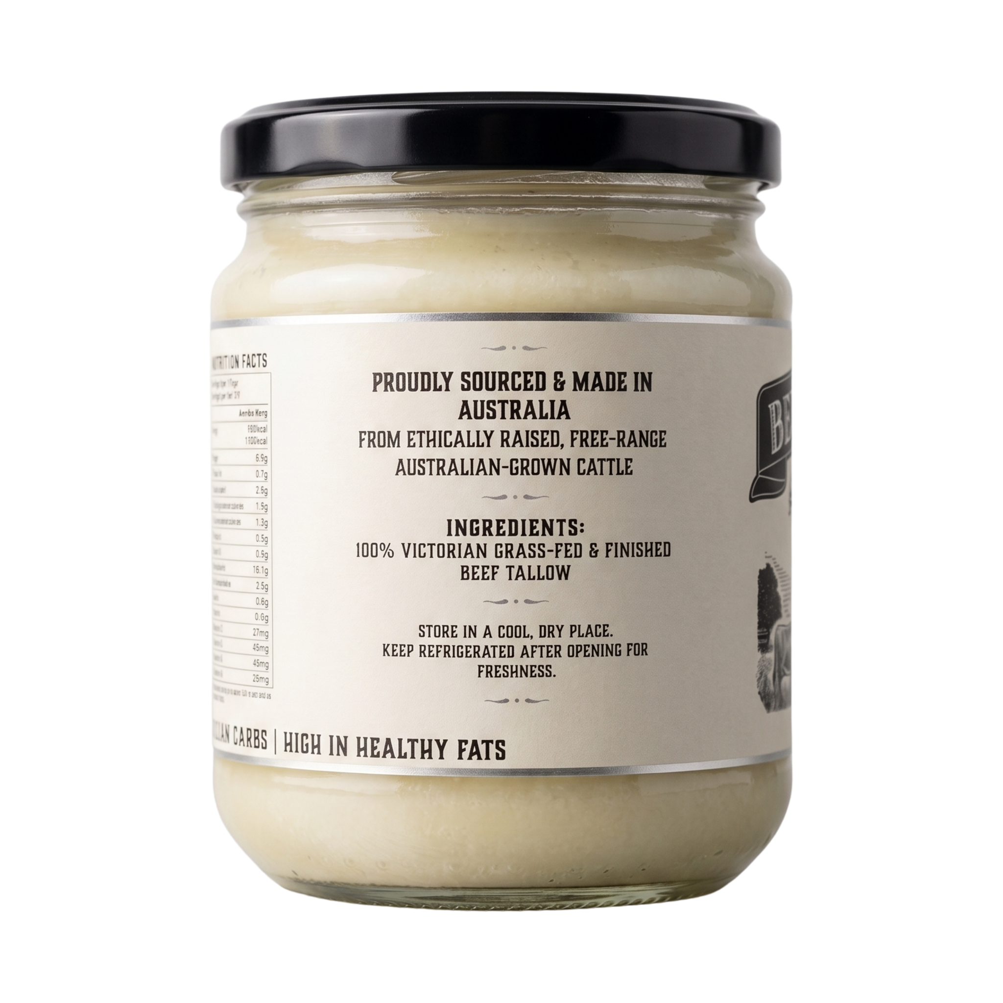Carnivore Society Beef Tallow 500ml cooking fat — jar, right angle