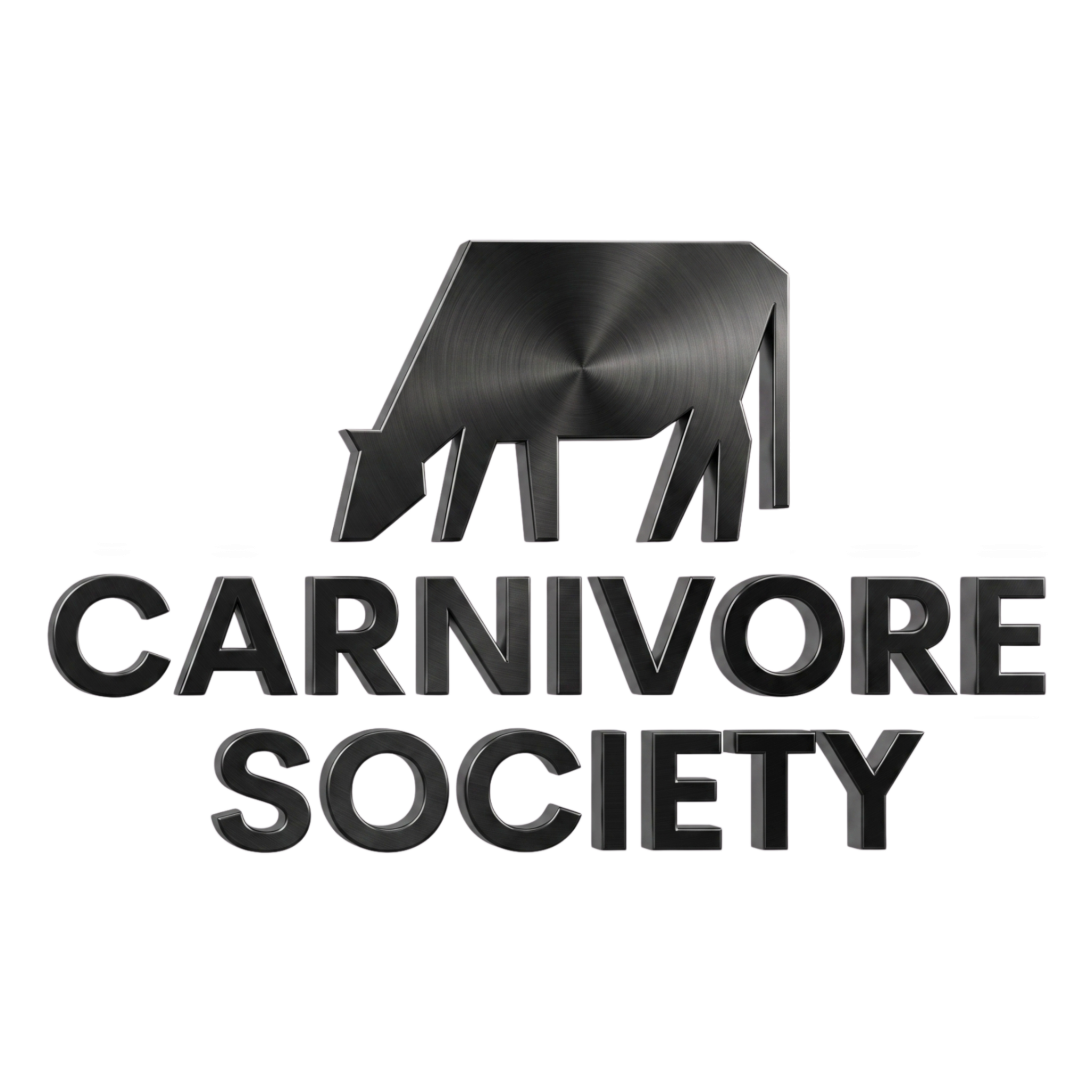 Carnivore Society brand logo, dark brushed-metal grazing cattle emblem above the wordmark, on transparent background