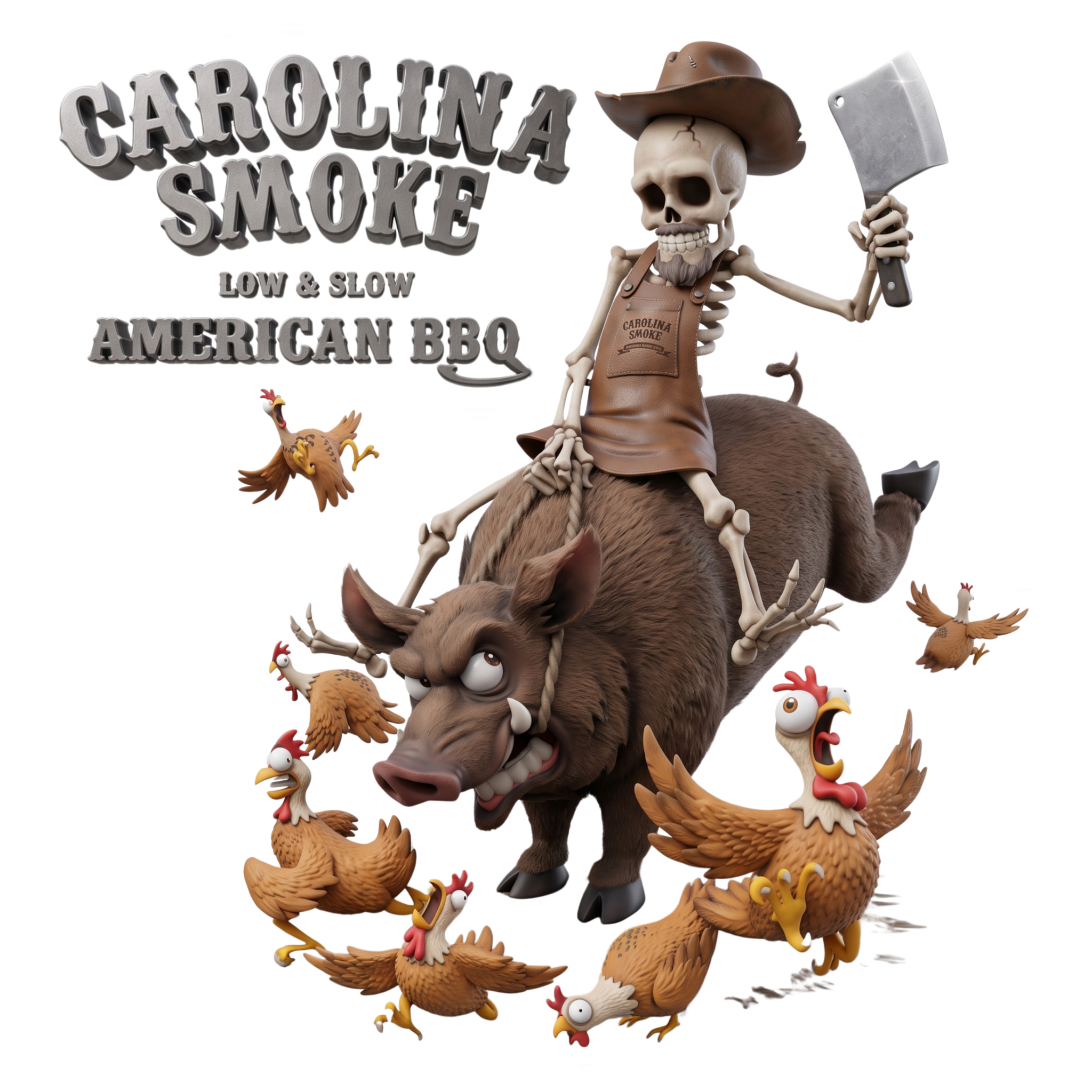 Carolina Smoke barbecue brand logo, skeleton pitmaster riding a wild boar, Low & Slow American BBQ, on transparent background