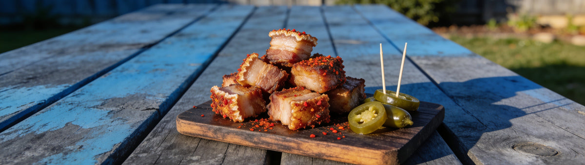 Spice-crusted crispy pork belly bites with jalapenos, seasoned with Carolina Smoke Chicken & Pork Seasoning
