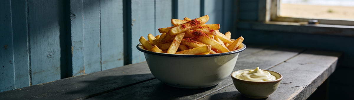 Bowl of hot chips dusted with Carolina Smoke Everything Seasoning, with aioli on a beach-shack bench