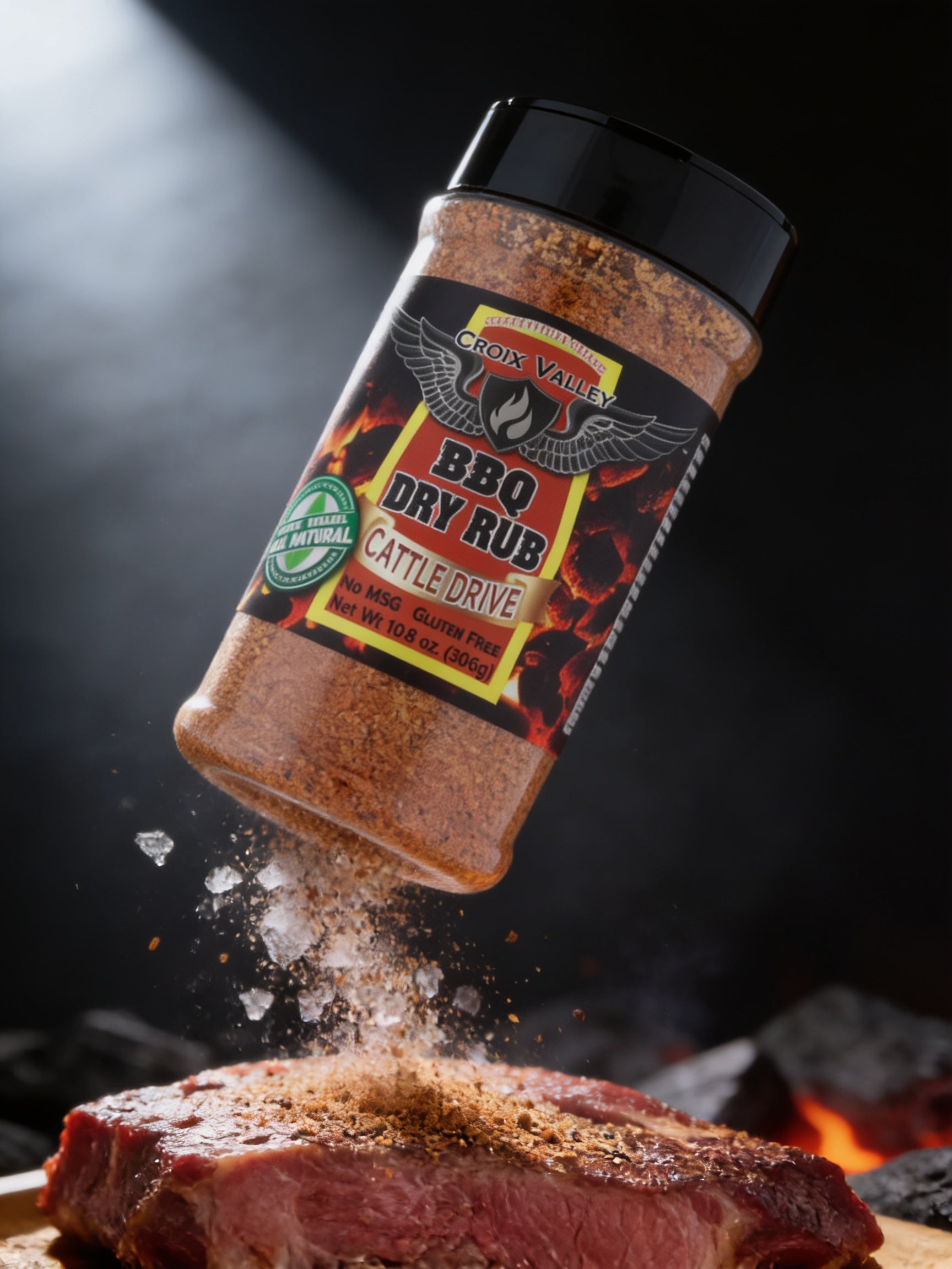 CROIX VALLEY: Cattle Drive BBQ Dry Rub - macro action shot on brisket