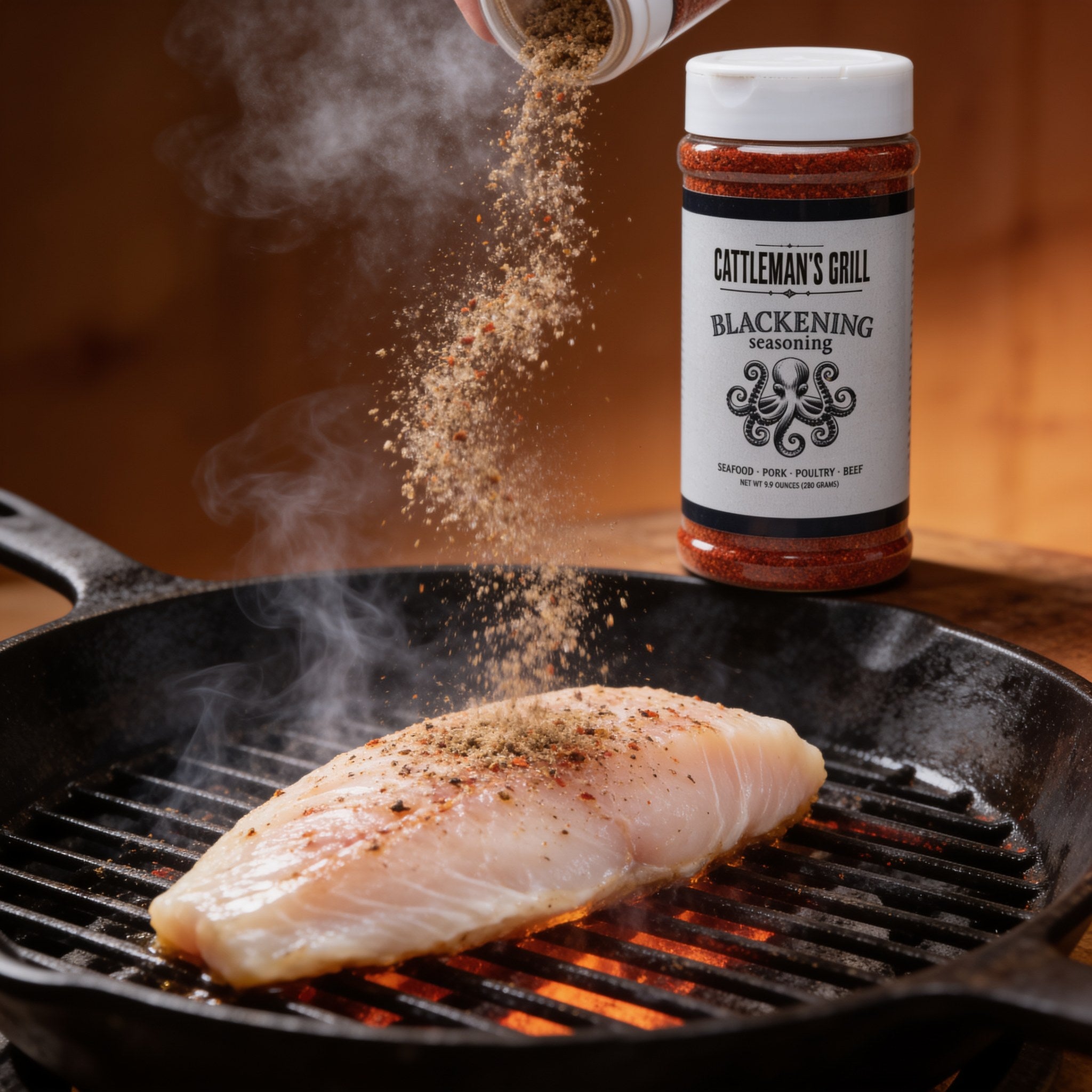 Cattleman's Grill Blackening Seasoning 281g steak rub — action shot seasoning fish on the grill