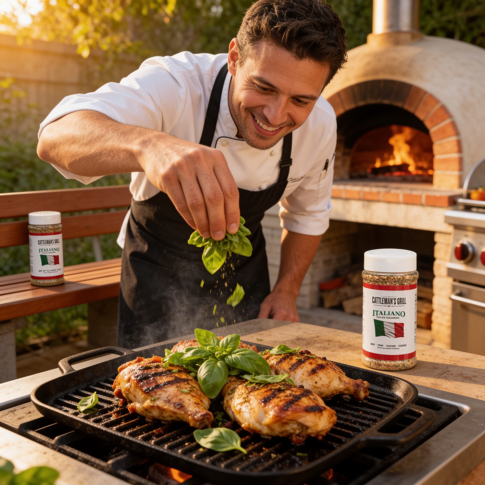 Cattleman's Grill Italiano Seasoning 283g — in-use shot finishing grilled Italian chicken