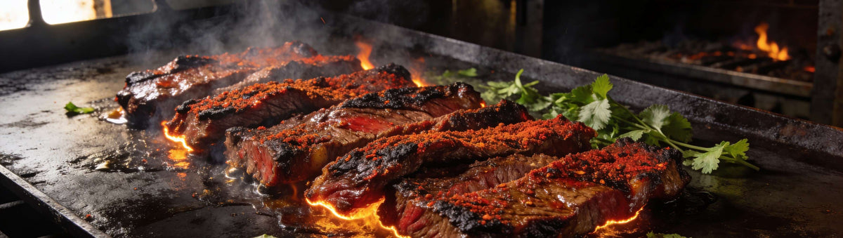 Cattleman's Grill 8 Second Ride Carne Asada Seasoning — skirt steak searing in a cast iron pan on a ranch patio table