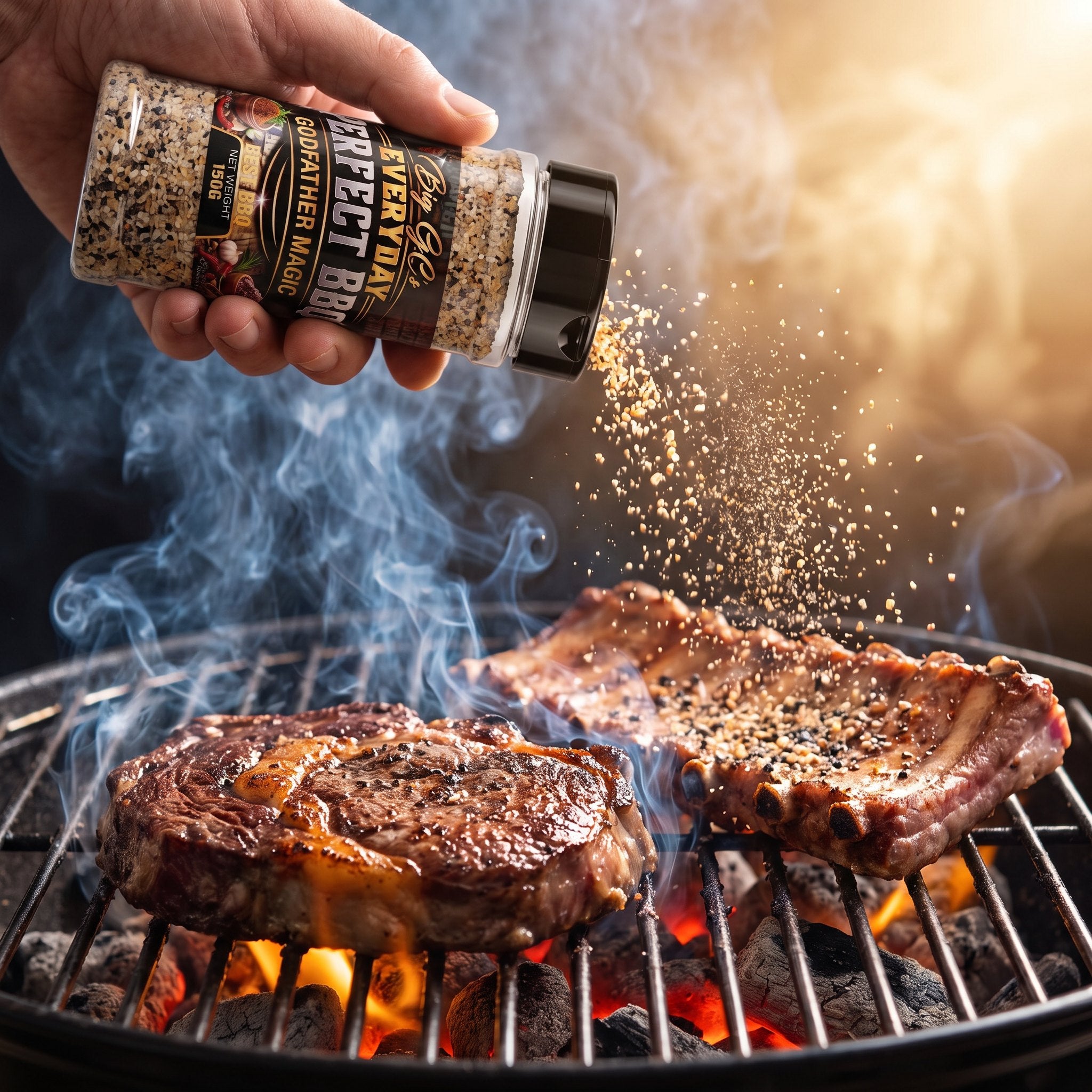 Big GCs Godfather Magic rub shaken onto steak and ribs on the grill