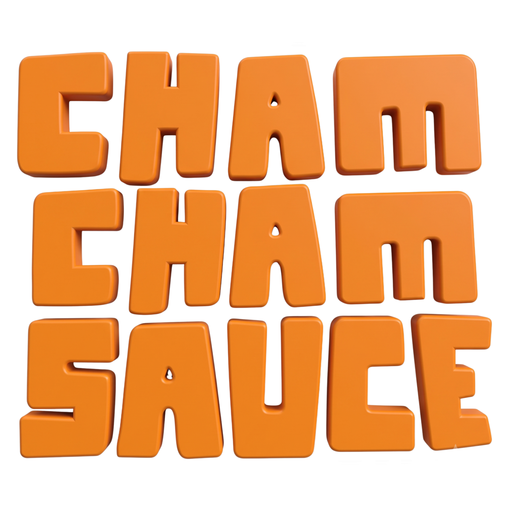 ChamCham Sauce brand logo, bold orange 3D wordmark, Korean sauces, on transparent background
