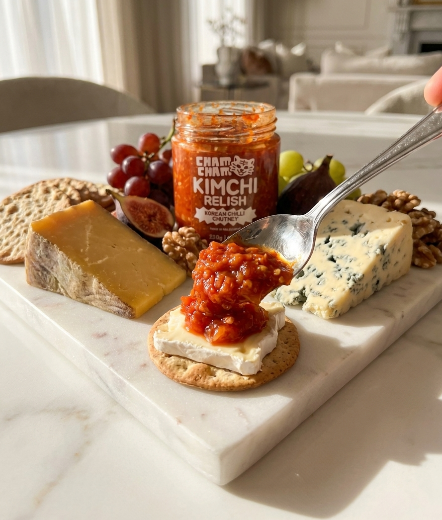 ChamCham Kimchi Relish on a cheeseboard