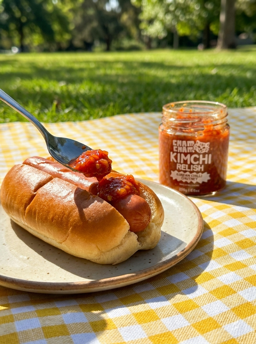 ChamCham Kimchi Relish piled on a hot dog