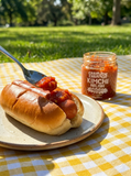 ChamCham Kimchi Relish piled on a hot dog
