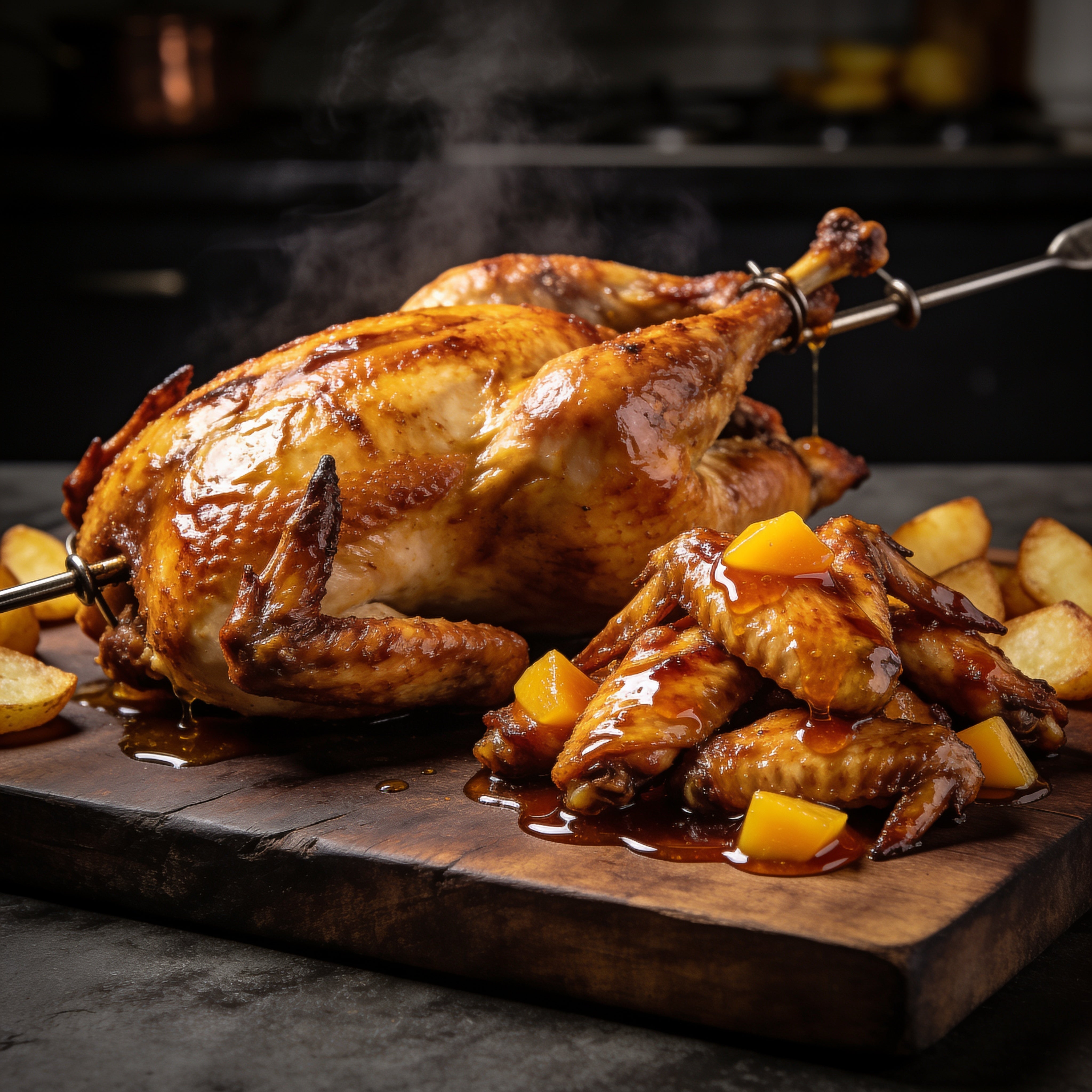 Chicken Jockey box - whole rotisserie roast chicken with golden crisp skin beside honey mango glazed wings and roast potatoes
