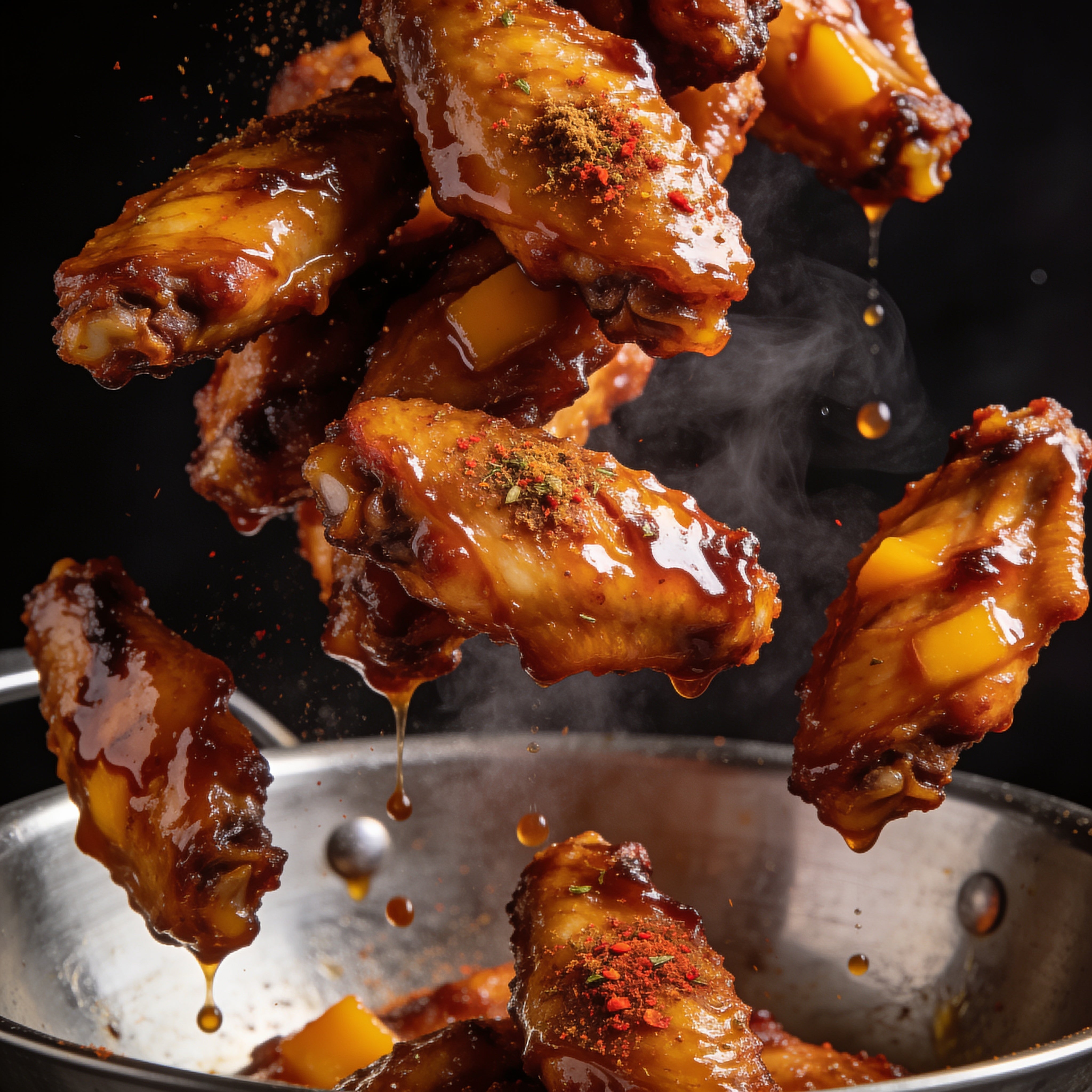 Chicken Jockey box - sticky honey mango glazed chicken wings caught mid-toss above a steel bowl