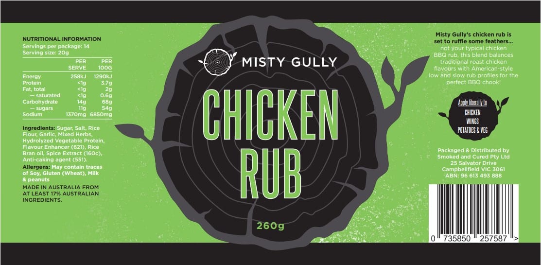 Misty Gully Chicken Rub ingredients and allergens label