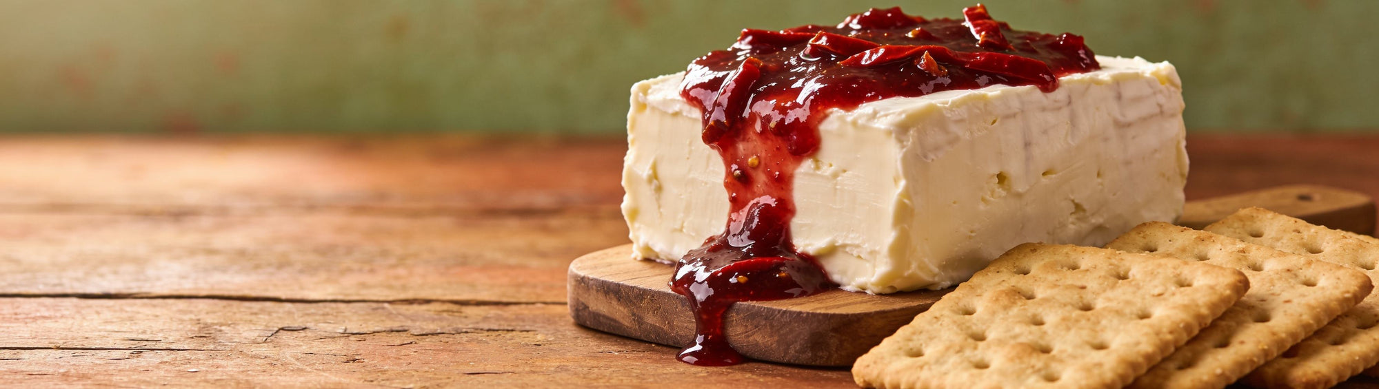 Fresh Chilli Jam lifestyle banner — baked brie topped with chilli jam and crackers