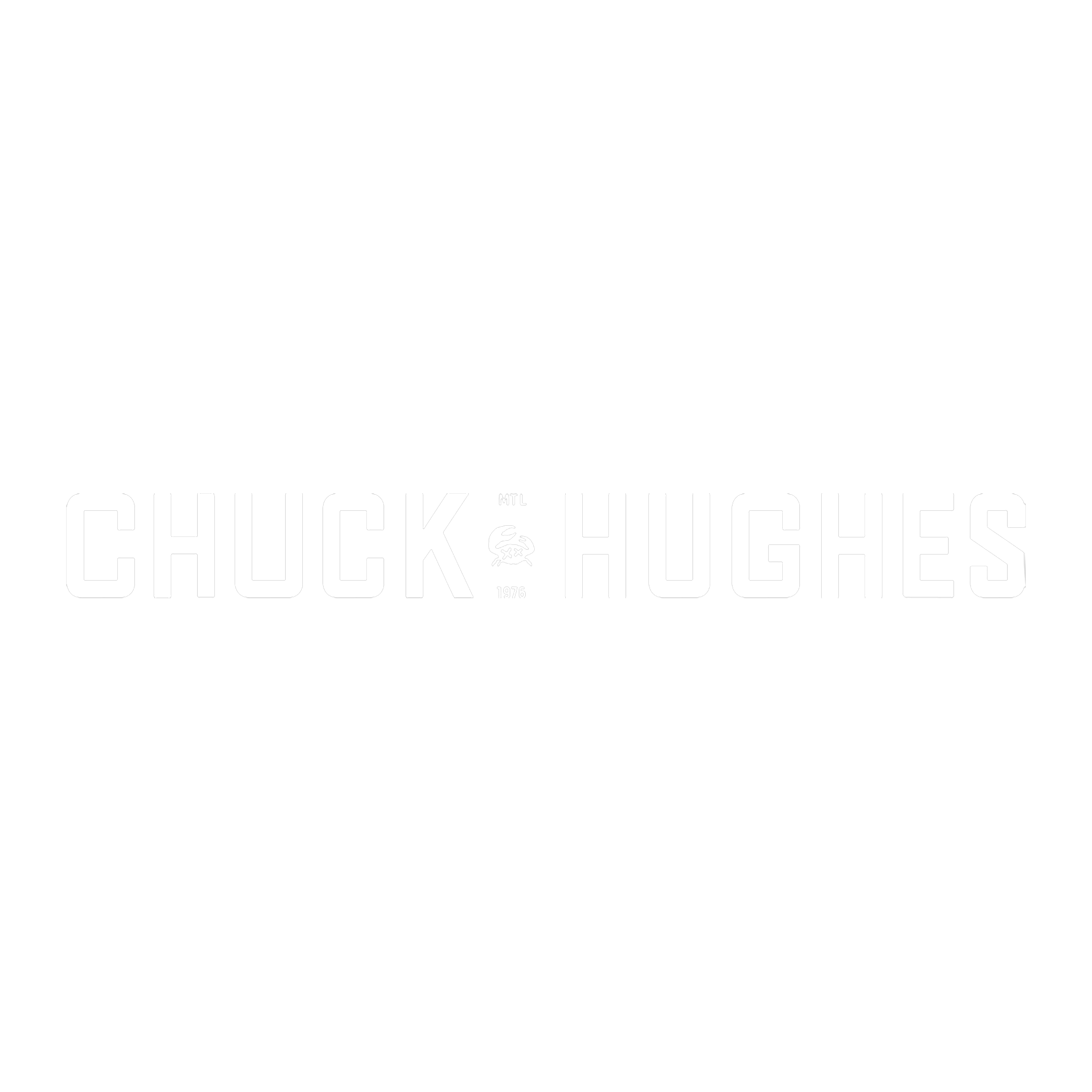Chuck Hughes condiment brand logo, CHUCK HUGHES wordmark with crab emblem and MTL 1976, white on transparent background