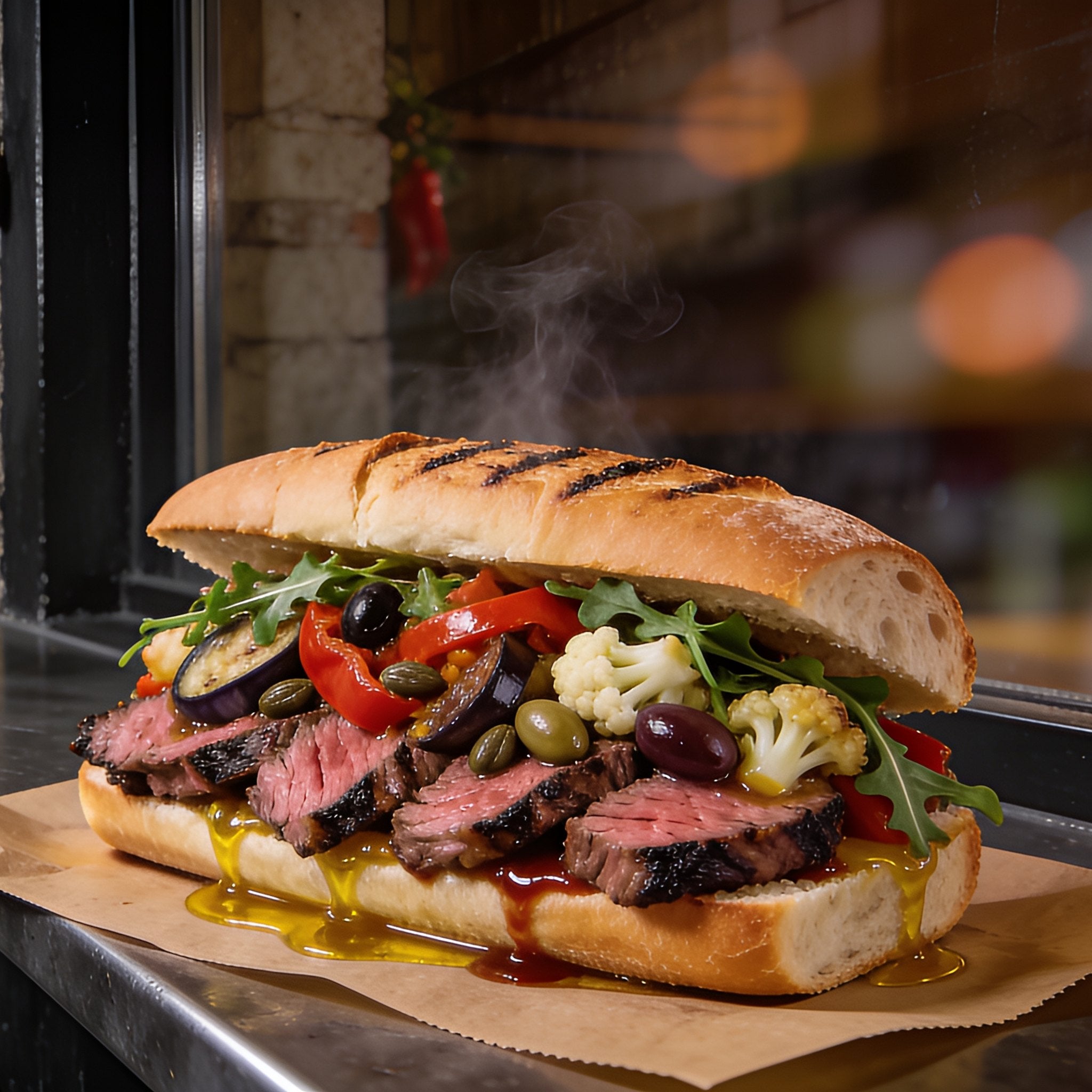 Chuck Hughes Mild Antipasto 375ml antipasto condiment — chargrilled steak sandwich heaped with antipasto on a laneway bench at night